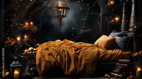 Cinematic Halloween Landscape with Haunted Mansion and Orange Sky