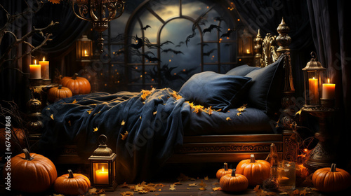 Cinematic Halloween Landscape with Haunted Mansion and Orange Sky