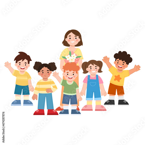 flat design of children playing with the teacher. illustration of a children's garden school vector