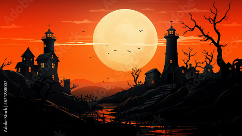 Cinematic Halloween Landscape with Haunted Mansion and Orange Sky