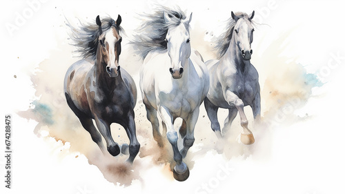 running horses watercolor on a white background dynamics composition art.