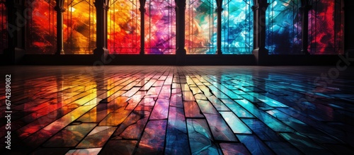The vintage floor is adorned with stained glass and colorful reflections creating a backdrop of colored shadows that adds depth and texture