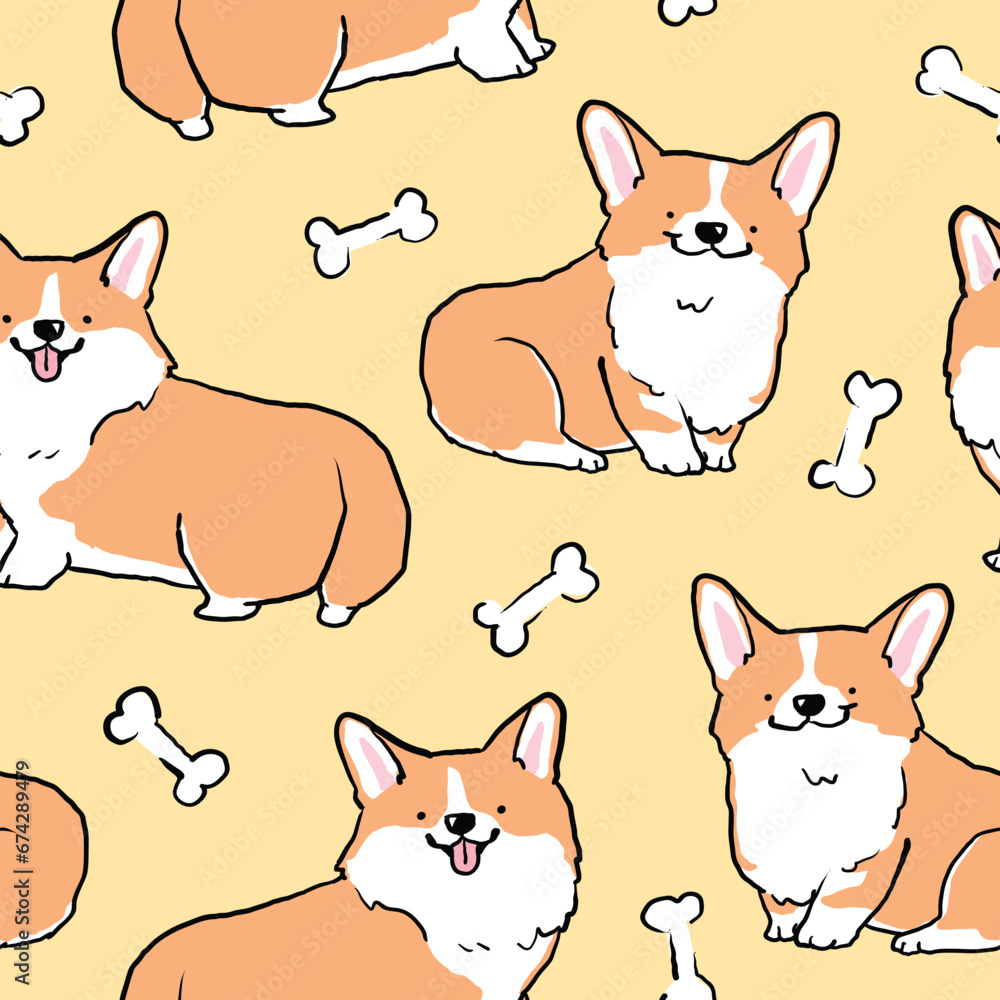 Seamless Pattern with Cute Cartoon Corgi Dog Design on Yellow Background