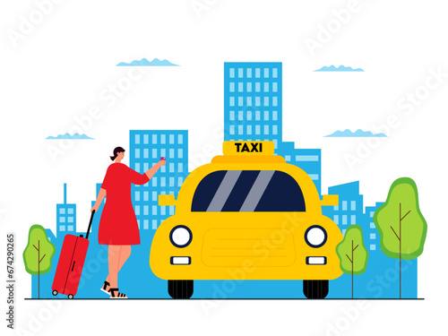 Woman orders taxi online. Trip and vacation illustration.