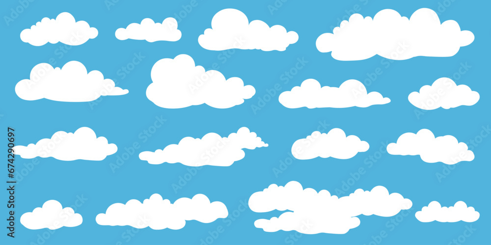 Set of cartoon clouds in flat style. white cloud collection Many white clouds for design - obrazy, fototapety, plakaty 
