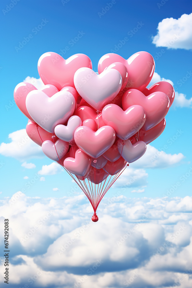 A bunch of pink heart shaped balloons floating in a pink sky.  Valentines' Day concept.