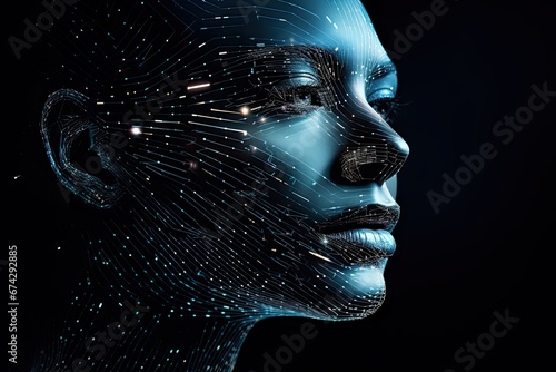 Artificial Intelligence, futuristic illustration of AI represented by a female hybrid technology interface, machine learning