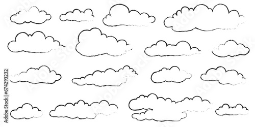 Set of cloud illustrations Cloud elements draw Japanese linear hand drawn clip art, line drawings for design.