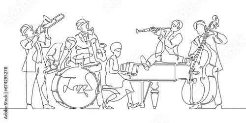 Continuous line drawing of music jazz band. People with classical music instruments. Jazz group player minimalism design