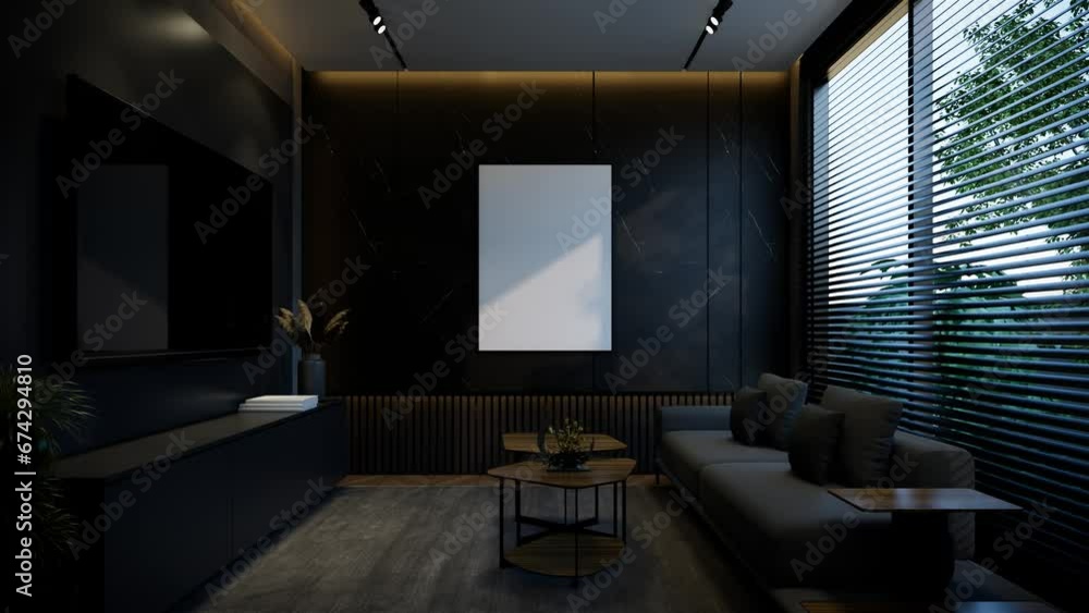 Minimal living room animation with black tones. 3D illustration rendering Minimal living room animation with black tones. 3D illustration rendering