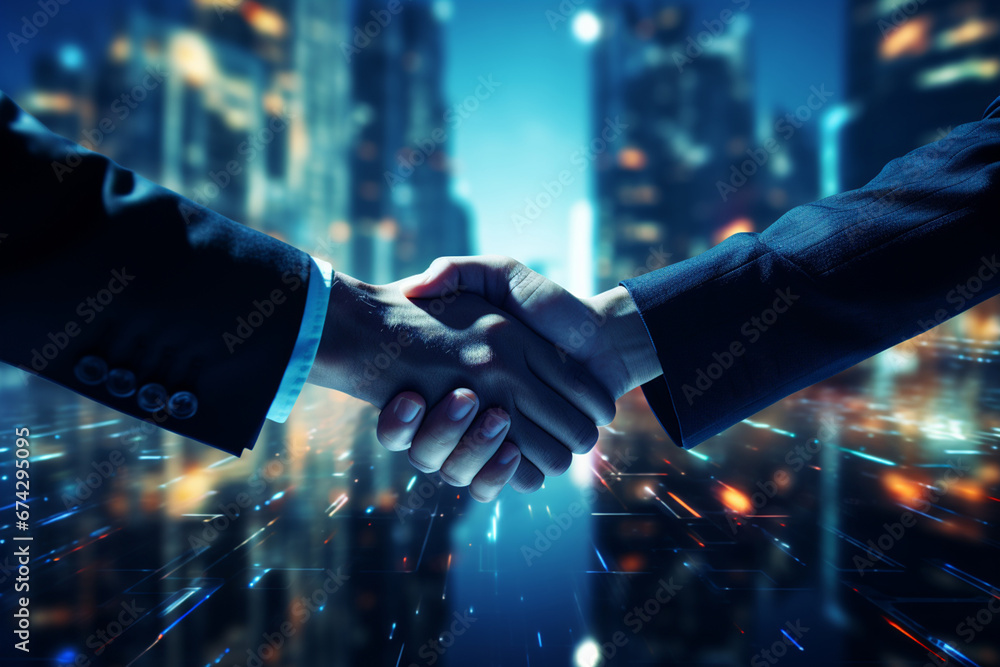 Partnership. Two businessman shaking hand with city background, communication technology. Business finance and networking concept - obrazy, fototapety, plakaty 