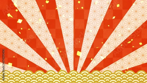 金箔が舞い雲海が描かれた紅白のおめでたいお正月背景に放射状に広がる光のアニメーション　ループ可能