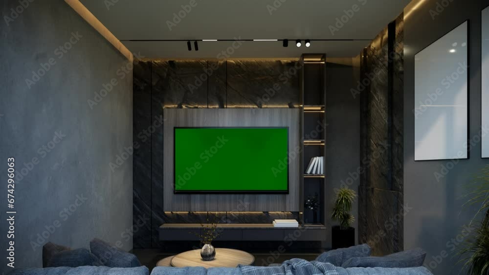 Minimal living room animation with black tones. 3D illustration rendering