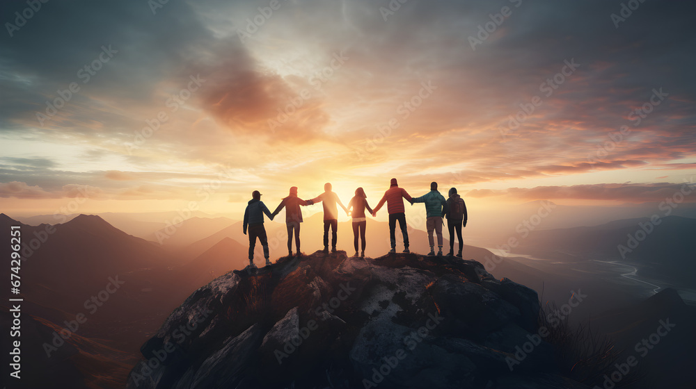 Fototapeta premium Friends holding hands close to the mountain top, illustrating the concept of teamwork,