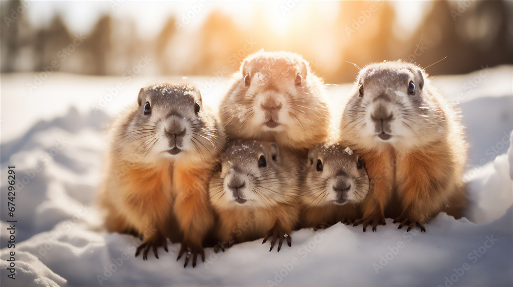 cute Groundhogs family standing in a meadow, long shot view, wide view, sunlight cute Groundhogs family standing in a meadow, long shot view, wide view, sunlight