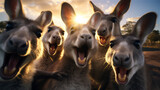wefie of Kangaroo family on a beach, happy face, wide smile