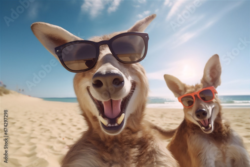 wefie of Kangaroo family on a beach, happy face, wide smile photo