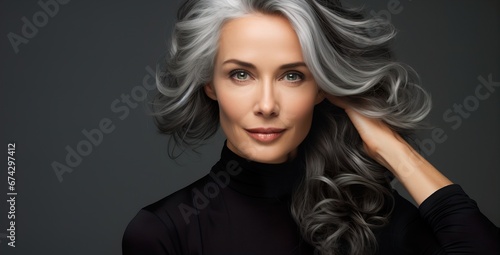 Graceful Mature Woman with Luxurious Flowing Gray Hair