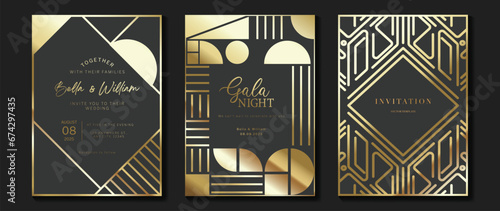 Luxury invitation card background vector. Elegant classic antique design, gold lines gradient on dark brown background. Premium design illustration for gala card, grand opening, art deco.
