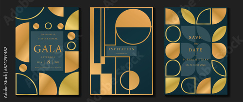 Luxury invitation card background vector. Elegant classic antique design, gold geometric shape gradient on dark blue background. Premium design illustration for gala card, grand opening, art deco.