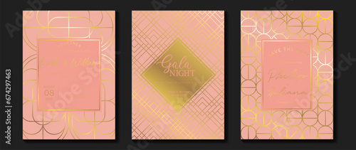 Luxury invitation card background vector. Elegant classic antique design, gold lines gradient on pink background. Premium design illustration for gala card, grand opening, art deco.