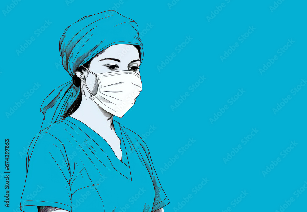 Portrait of a young female doctor or nurse wearing a face mask. cartoon sketch illustration