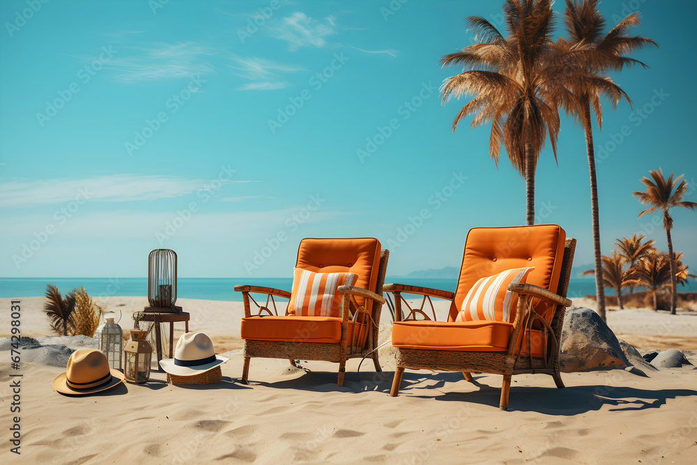 Beach chair, coconut palm tree and beach accessories on a tropical beach with beautiful blue sky, summer vacations and travel concept. Copy space. Ai generative