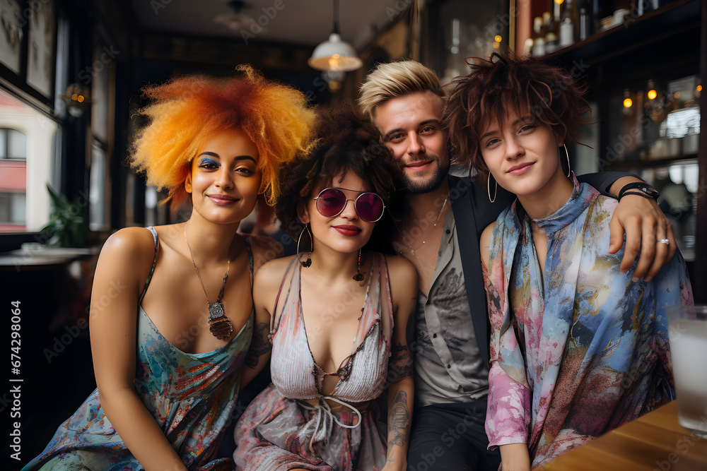 Group of fashionable people, LGBTQ+ sitting in coffee shop. Diversity and human rights concept. Ai generative Group of fashionable people, LGBTQ+ sitting in coffee shop. Diversity and human rights concept. Ai generative