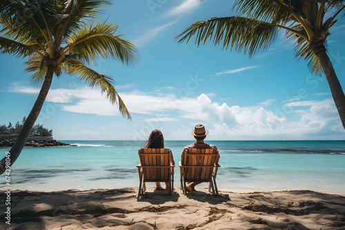 Happy young couple relaxing on beach chair at tropical sandy beach with coconut palm tree and beautiful blue sky. Summer vacation concept, copy space..Ai generative.