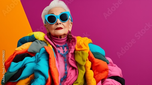 Mature woman in bold color clothing and sunglass