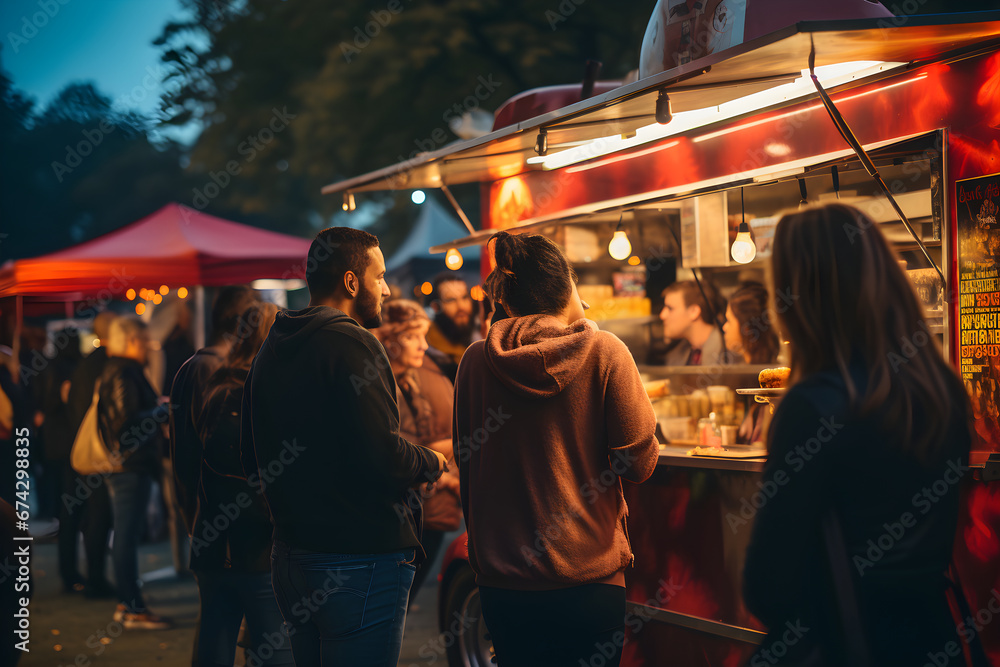People stand in line to buy meals from a food truck, walking, buying and eating at outdoor street food night market. Illustration, generative Ai, illustration