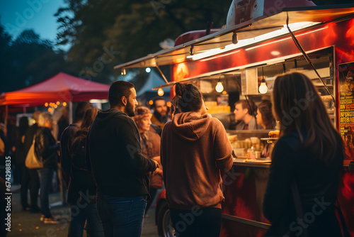 People stand in line to buy meals from a food truck, walking, buying and eating at outdoor street food night market. Illustration, generative Ai, illustration