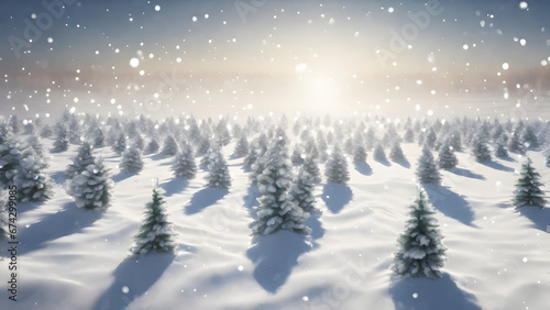 Winter pine tree forest covered with snow at sunrise, aerial view. Merry christmas and happy new year background.