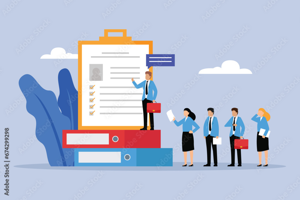 Business people with online recruitment application queue 2D flat vector concept for banner, website, illustration, landing page, flyer, etc - obrazy, fototapety, plakaty 