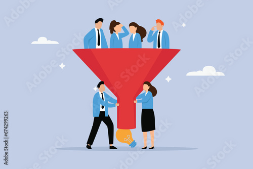 Business managers with funnel or filter to get idea from workers 2D flat vector concept for banner, website, illustration, landing page, flyer, etc