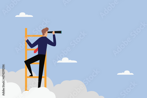 Businessman holding a telescope standing on the top of the ladder with a telescope 2D flat vector concept for banner, website, illustration, landing page, flyer, etc