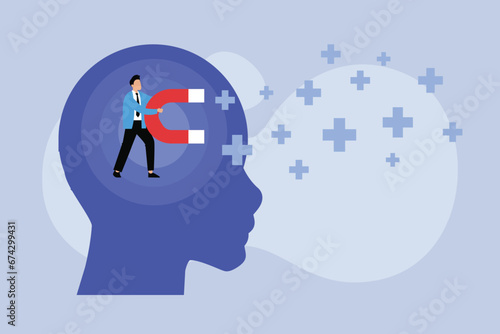 Businessman with giant magnet attracting positive thoughts 2D flat vector concept for banner, website, illustration, landing page, flyer, etc