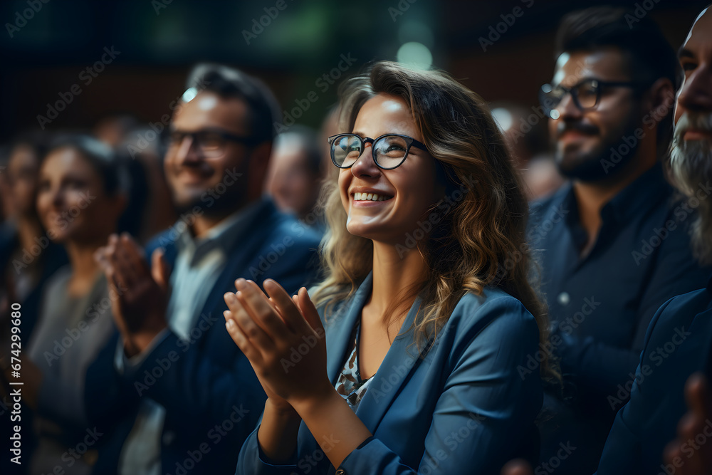 Businesswoman attendee clapping after a motivational keynote speech. Young woman sitting in a crowded audience at a business conference. Generative Ai, illustration - obrazy, fototapety, plakaty 