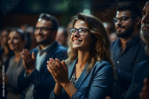 Businesswoman attendee clapping after a motivational keynote speech. Young woman sitting in a crowded audience at a business conference. Generative Ai, illustration