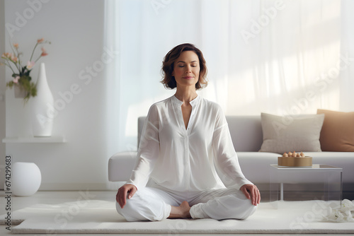 Calm of wellness middle aged woman sit in living room yoga meditation, relax and comfortable at white cozy home. Yoga Exercise for wellness, peachful, morning meditation concept. Generative Ai photo