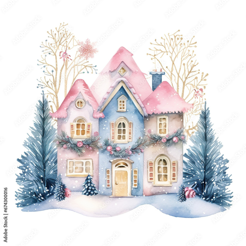 Watercolor Christmas Winter House Decorating