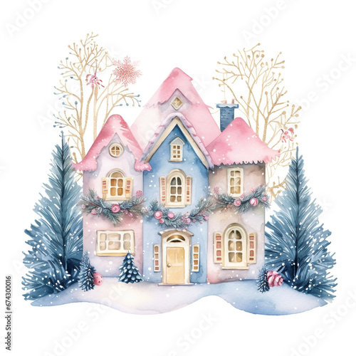 Watercolor Christmas Winter House Decorating