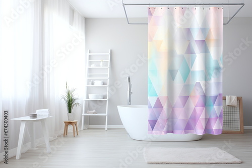 Shower and bathtub curtain with geometric print. Modern bathroom indoor interior design concept image