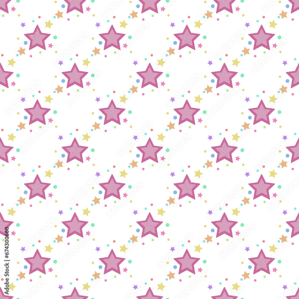 In this seamless pattern, create a geometric shape of a large pink star surrounded by smaller stars and colorful circles, on light pink background. Looks beautiful and bright.