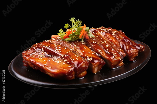 Pork marinated, grilled and served in slices. BBQ meal close up with no people image for menu, advertising