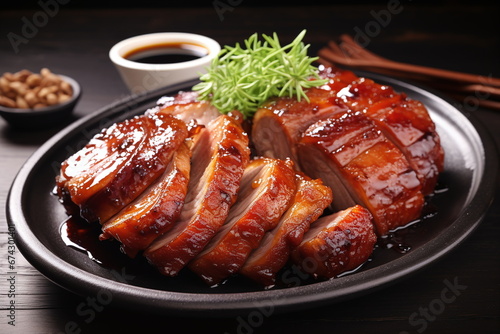Pork marinated, grilled and served in slices with sauce. BBQ meal close up with no people rustic image for menu, advertising