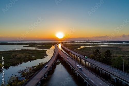 Aerial view of Mobile Bay at sunset