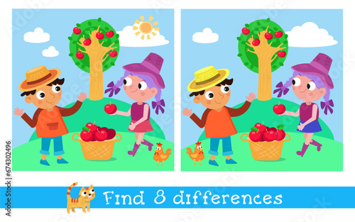 Cute children farmers in fruit orchard. Find 8 differences. Educational puzzle game for children.  Cartoon funny characters. Vector illustration for kids.
