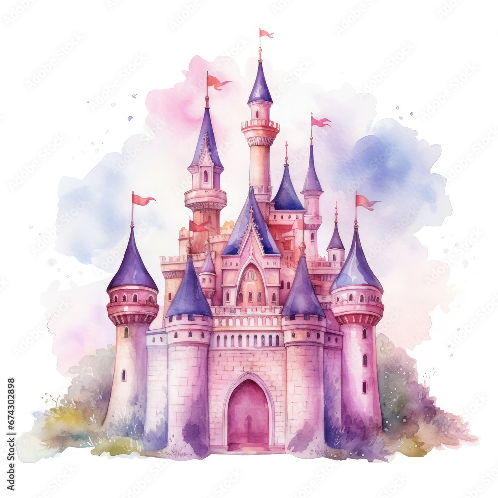 Cute watercolor princess castle Illustration, Generative Ai