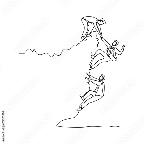 Continuous single line sketch drawing group of people man woman helping each other hike up a mountain. One line art business, success, leadership, achievement and goal 